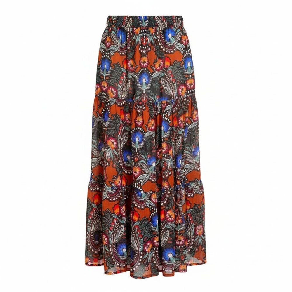 Molly Bracken Peacock Print Maxi Tiered Boho Layered Western Style Skirt